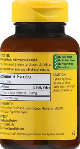 Nature Made Extra Strength L-Lysine 1000 Mg Tablets 60 Count For Protein Synthesis