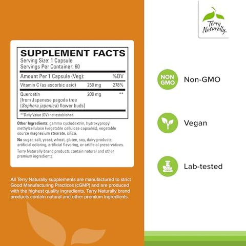Terry Naturally Quercetin with Vitamin C Enhanced Absorption Quercetin Supplement for Immune Support and Cellular Health Respiratory Supplement for Sinus and Lung Health 60 Capsules