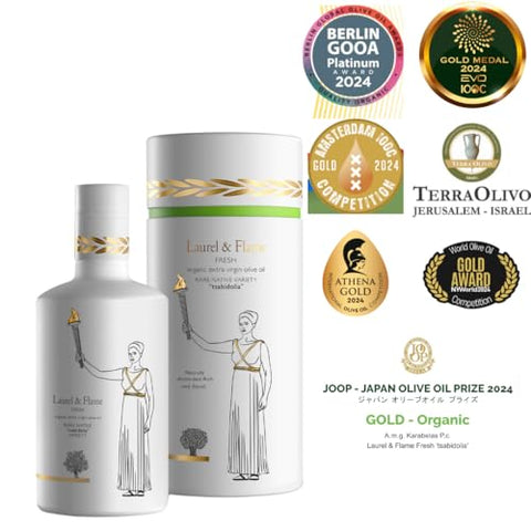 Laurel & Flame Fresh - Extra Virgin Olive Oil - "Best Greek Olive Oil" Award - Cold Pressed - Polyphenol Rich (1,212 MG/KG) - USDA-Organic - 90X Hydroxytyrosol Polyphenols - Early Harvest - Single Origin - Rare Local Olive Variety - 500 ml (16.9 fl oz)