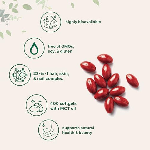 Micro Ingredients Hair Skin And Nails Vitamins For Women & Men 400 Softgels With Mct Oil 22-In-1 Argan Oil Hyaluronic Acid Collagen Keratin & Biotin Complex Natural Hair Growth Support