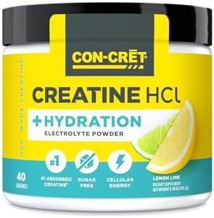 Concret Creatine Hcl + Hydration Electrolyte Powder Tub Lemon Lime Sugar Electrolytes Rehydration Formula W Potassium Sodium Zinc Magnesium To Hydrate & Recover (40 Serv)