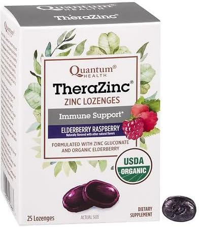 Quantum Health TheraZinc USDA Organic Zinc Lozenges Eldertry Raspberry Immune Support Formulated with Zinc Gluconate Fast Relief No Aftertaste 25 Count Pack of 1