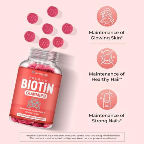 LifeCentric Health Biotin Gummies for Adults Max Strength Biotin 10000mcg Chewable Biotin Supplement for Women and Men 100 Count Vegan Hair Gummies for Hair Skin and Nails