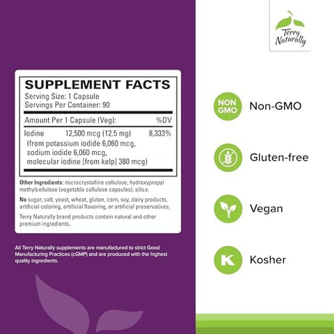 Terry Naturally Triiodine Dietary Supplement For Breast & Prostate Health Support Healthy Thyroid Function Supplement Aid 12.5Mg 90 Capsules (Pack Of 2)
