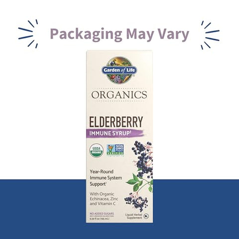 Garden Of Life Organics Plant Based Elderberry Immune Syrup 6.59 Floz (195 Ml) For Kids & Adults - Sambucus Echinacea Zinc & Vitamin C 0G Sugar Organic Vegan Gluten Free Herbal Supplement