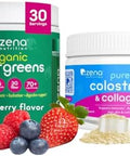 Zena Nutrition Organic Supergreens Greens Powder 70+ Superfoods Mixed Berry 30 Servings + Bovine Colostrum & Collagen Powder Supplement Supports Immunity Digestion Hair Beauty