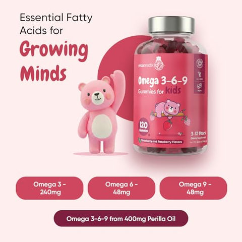 Maxmedix Kids Vegan Omega 3 6 9 Gummies 120 Count (2-Month Supply) Perilla Oil Sourced - Kids Omega 3 Gummies Natural Strawberry & Raspberry Flavors No Fish Oil Aftertaste Non-Gmo
