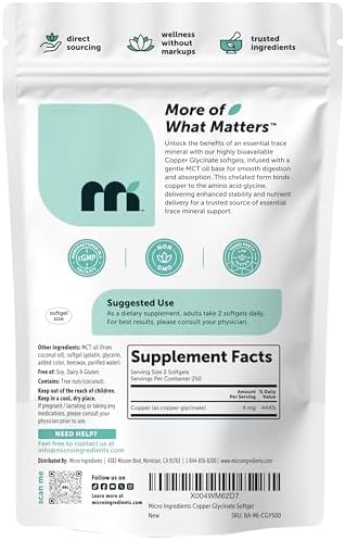 Copper Glycinate With Mct Oil 500 Softgels 4 Mg Elemental Copper Per Serving Chelated Copper Mineral Supplement Essential Trace Mineral NonGmo Cgmp Manufactured