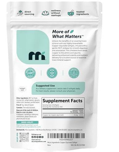 Micro Ingredients Copper Glycinate With Mct Oil 500 Softgels 4 Mg Elemental Copper Per Serving Chelated Copper Mineral Supplement Essential Trace Mineral Non-Gmo Cgmp Manufactured