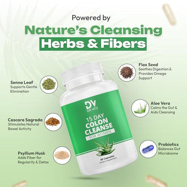 Dr Vitz 15 Day Colon Cleanse For Women Natural Detox Pills With Herbs Fiber & Probiotics Bloating & Constipation Relief Weight Loss & Gut Health Reset 30 Capsules