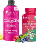 Zena Nutrition Liquid Collagen Peptides And Biotin Mixed Berry 20.3 Fl Oz + Organic Super Greens Fruit & Veggies Supplement 180 Capsules