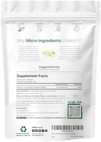 Micro Ingredients Vitamin E 400Iu 300 Softgels Pure Vitamin E Oil Pills Antioxidant Supplements For Skin Face Heart and Immune Health NonGmo Gluten