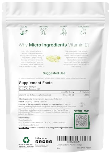 Micro Ingredients Vitamin E 400Iu 300 Softgels Pure Vitamin E Oil Pills Antioxidant Supplements For Skin Face Heart & Immune Health Non-Gmo Gluten Free