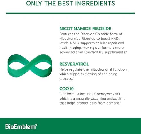 BioEmblem NAD+ Supplement 300 mg Nicotinamide Riboside with CoQ10 and Resveratrol Supports Healthy Aging Cellular Energy and Cognitive Function NonGMO Gluten Free 45 Capsules