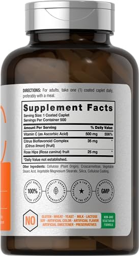 Horbaach Vitamin C 500mg 500 Caplets with Bioflavonoids and Rose Hips Supplement for Women and Men Vegetarian NonGMO and Gluten Free