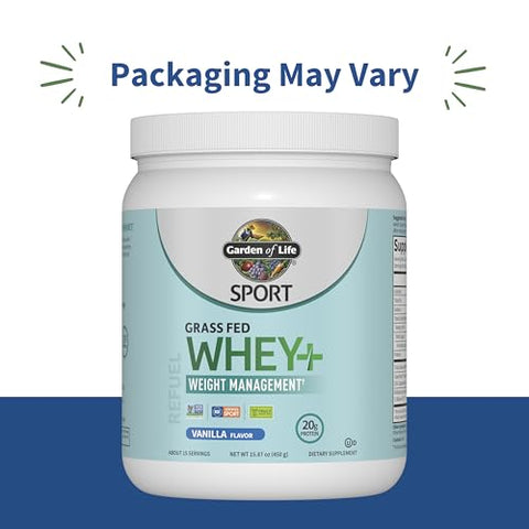 Garden Of Life Sport Whey Plus Weight Management With Amino Energy - 20G Of Grass Fed Protein Isolate For Women And Men - Vanilla Powder - With Capsimax 2 Billion Cfu Probiotics About 15 Servings