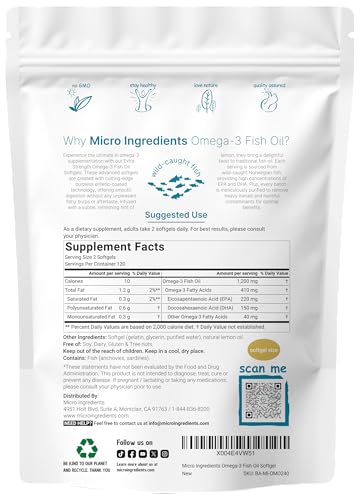 Micro Ingredients Extra Strength Omega 3 Fish Oil Supplements 1200Mg Per Serving 240 Softgels Lemon Flavored Burpless Essential Fatty Acids Epa 220Mg Dha 150Mg Deep Sea Fish