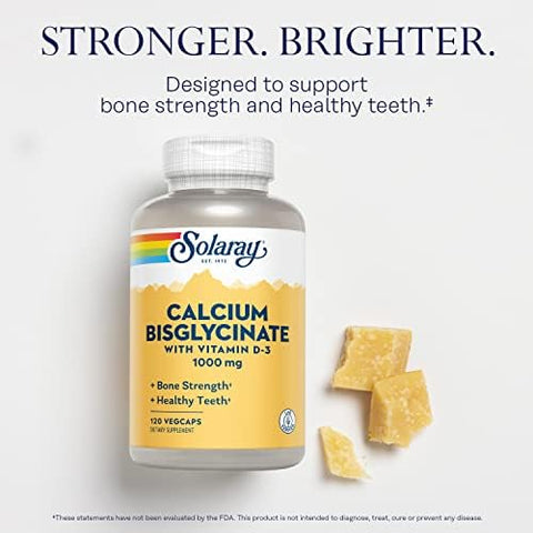 SOLARAY Calcium Bisglycinate Supplement 1000 mg for Women and Men Calcium with Vitamin D3 Bone Strength and Teeth Health Support Chelated Capsules Easy to Digest 120 Veg Cap Count