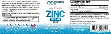 P Puregen Labs Zinc 220Mg [High Potency] Supplement Zinc Sulfate For Immune Support System 100 Tablets