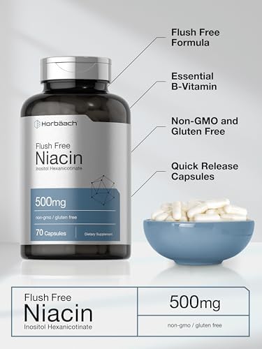 Horbaach Niacin 500mg Flush Free 70 Capsules Vitamin B3 Inositol Hexanicotinate NonGMO and Gluten Free