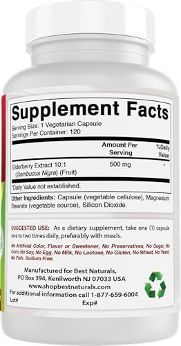 Best Naturals Elderberry Sambucus Nigra Extract 10:1 500 Mg 120 Veg Capsules