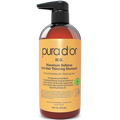 Pura D'Or 16 Oz Md Anti-Hair Thinning Maximum Defense Shampoo - 0.5% Coal Tar Biotin Proprietary Herbal Blend For Dry & Itchy Scalp No Sulfates - For Men & Women