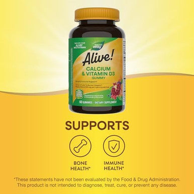 Nature'S Way Alive Daily Calcium & Vitamin D3 Gummies, Bone Support, Immune Support, Strawberry And Raspberry- Lemonade Flavored, 60 Gummies (Packaging May Vary)