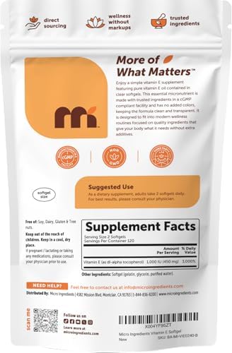 Micro Ingredients Vitamin E 1000 Iu (450 Mg) Per Serving 240 Softgels Daily Vitamin E Supplement 4Month Supply NonGmo Gluten