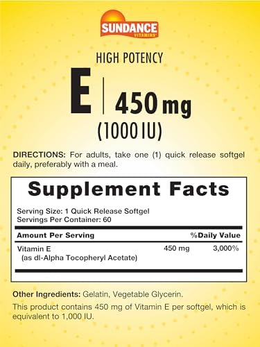 Sundance High Potency Vitamin E 450Mg (1000 Iu) 60 Softgels Essential Vitamin Supplement Nongmo And Gluten Formula