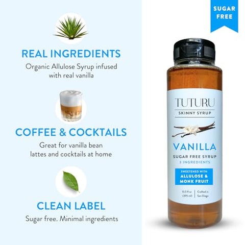 Sugar Free Vanilla Simple Syrup for Coffee, Cocktails, Matcha - Sweetened with Allulose and Monk Fruit - Infused with Real Vanilla - 13.5 oz