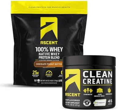Ascent 100% Whey Protein Powder, Chocolate Peanut Butter 4 Lb & Creatine Monohydrate Powder, Unflavored 45 Servings
