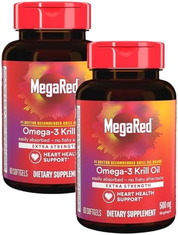 Megared Extra Strength 500Mg Omega3 Krill Oil Supplement With Epa/Dha No Fishy Aftertaste Supports Heart Health 80 Count Softgels (2 Pack)