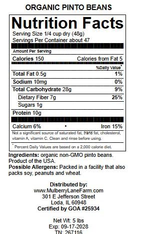 Pinto Beans, 5 Pounds Dried, USDA Certified Organic, Non-GMO Bulk, Product of USA, Mulberry Lane Farms