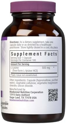 Bluebonnet Nutrition Llysine 500Mg For Healthy Immune Function Supports Collagen Synthesis Soy Gluten Nongmo Kosher Vegan 100 Capsules
