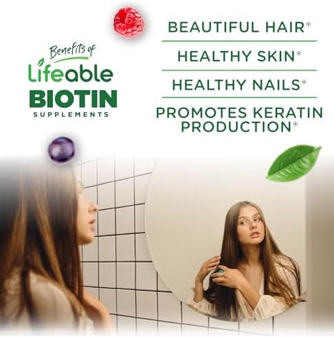 Lifeable Teens Biotin 10000Mcg Gummies Vitamin B7 Vegan Biotin Supplement Great Tasting Biotin Gummies For Hair Growth Healthy Skin And Nails Biotin Vitamins For Teens 90 Gummies