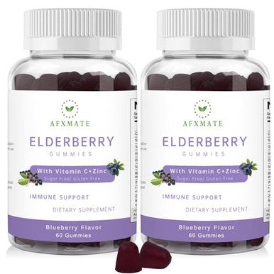 Afxmate Sambucus Elderberry Gummies Black Elderberry With Zinc And Vitamin C For Adults Sugar Free Kids Immune Support* Supplement Gummies (2 Pack)