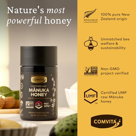 Comvita Manuka Honey UMF 18+ (MGO 696+) - Raw Manuka Honey New Zealand, Pure & Unpasteurized, Superfood for Immune Health, Use in Tea, Wild, Monofloral, Non-GMO - 250g (8.8 oz)