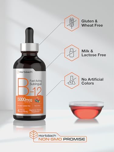 Horbaach B12 Vitamin 5000 mcg Sublingual 4 Fl Oz as Methylcobalamin and Cyanocobalamin Liquid Vegetarian Drops Berry Flavor NonGMO and Gluten Free Supplement