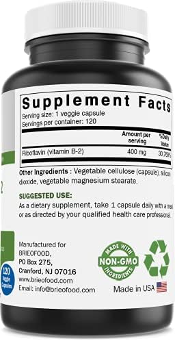 Brieofood Vitamin B2 (Riboflavin) 400mg 120 Veggie Capsules Gluten NonGMO