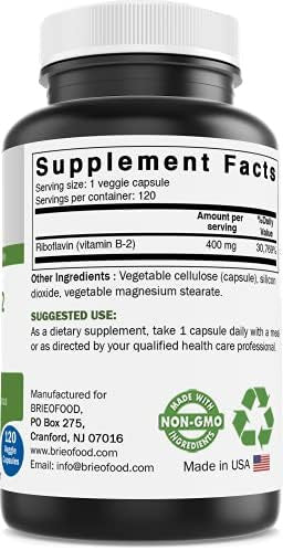 Brieofood Vitamin B2 (Riboflavin) 400Mg, 120 Veggie Capsules - Gluten , Non-Gmo