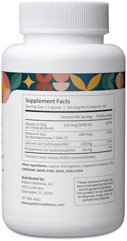 Pattern Wellness Vitamin K2 & D3 Supplement With Calcium - Pure Synergistic Complex - Whole Body Health - Bone Health & Cardiovascular Support - 60 Capsules