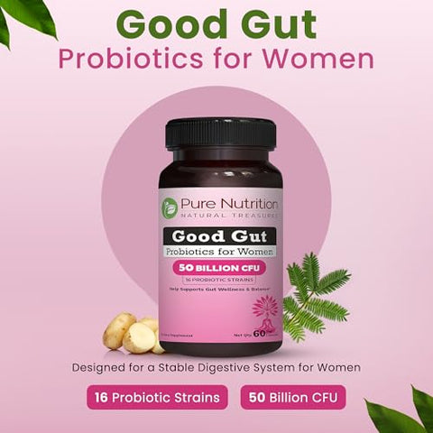 Pure Nutrition Good Gut Women'S Probiotics 50 Billion Cfu 16 Strains 60 Caps Probiotics For Women With Organic Prebiotic Blend Once Daily Non Gmo Gluten Free