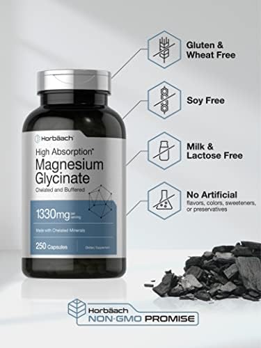 Horbaach Magnesium Glycinate 1330mg 250 Capsules Buffered with Chelated Minerals 240 mg per Serving NonGMO Gluten Free Supplement