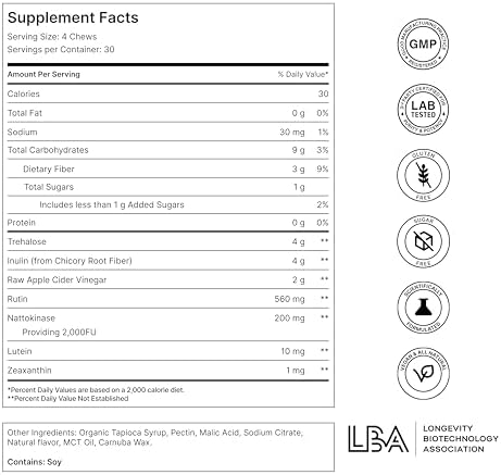 Novos Vital Nutritional Supplement Chews For Organ Liver Brain Eyes Heart Gut Support Nattokinase Lutein Inulin Rutin Tropical Flavor (120 Count)