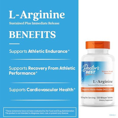 Doctor'S Best Sustained Plus Immediate Release Larginine Nongmo Vegan Gluten & Soy 500 Mg Tablet 120 Count