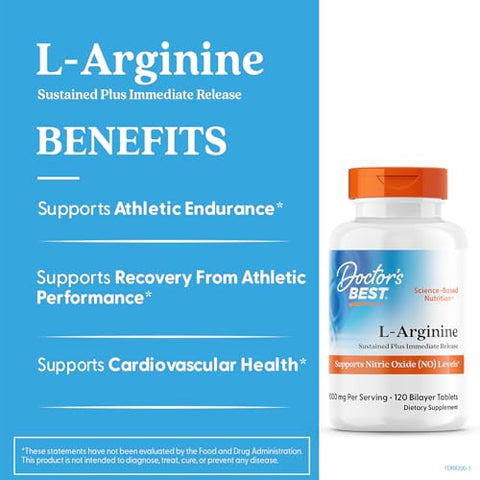 Doctor'S Best L Arginine Supplement For Men & Women - L-Arginine 1000 Mg Per Serving Supports Nitric Oxide (No) Levels Sustained Plus Immediate Release 120 Bilayer Tablets
