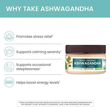 Himalaya 100% Usda Organic Ashwagandha Root Powder Herbal Supplement Supports Relaxation Stress Relief Energy Occasional Sleeplessness Nongmo Vegan Flavorless 4 Oz 45 Day Supply