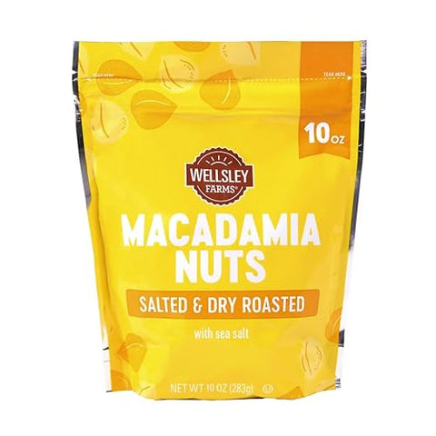 Wellsley Farms Salted & Dry Roasted Macadamia Nuts (1 Bag) Lightly Seasoned with Sea Salt 10 oz Resealable Bag Kosher KetoFriendly.