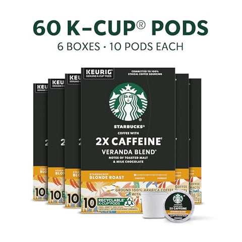 Starbucks K-Cup Coffee Pods, Starbucks Blonde Roast With 2X Caffeine, Hot or Iced Coffee, Veranda Blend, 60 Keurig Pods