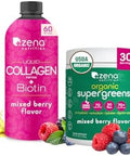 Zena Nutrition Liquid Collagen Peptides And Biotin Mixed Berry 20.3 Fl Oz + Organic Supergreens Greens Powder 70+ Superfoods Mixed Berry 30 Servings